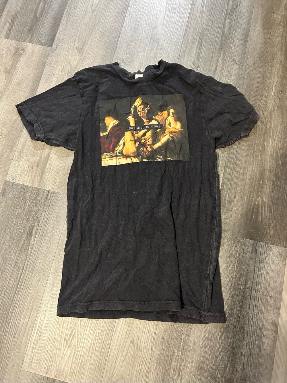 Black Short Sleeve Graphic Crewneck Tee with Classical Art Print